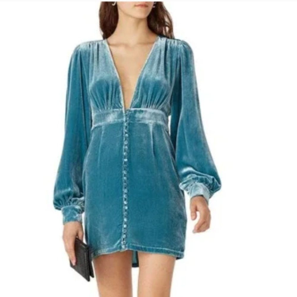 Neon Blonde Dress Womens Small Blue Vapour‎ Mini Plunge VNeck Velvet